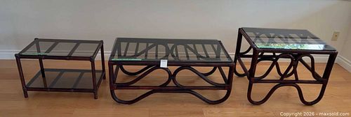 3-Piece Dark Brown Rattan & Smoked Glass Coffee/End Tables (1 of 15)