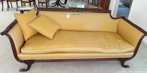 Duncan Phyfe Style Upholstered Sofa, Gold Fabric & Wood Frame (1 of 12)