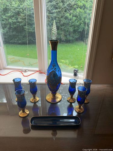 Cobalt Blue Glass Decanter Set with Gold Gilt & Hand-Painted Florals (1 of 10)