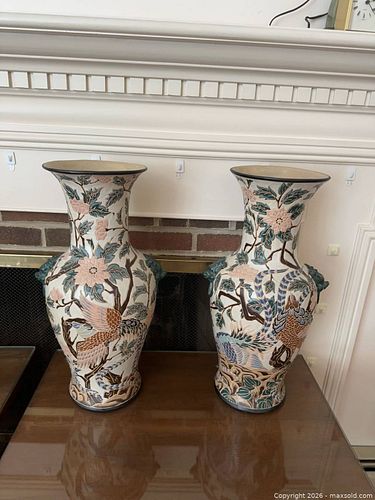 Pair of Chinese Style Porcelain Floral & Bird Vases (1 of 9)