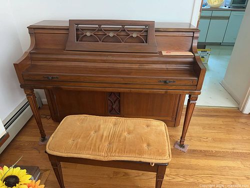 Wurlitzer Upright Piano, 88-Key, Brown Wood Tone with bench and music books  (1 of 14)