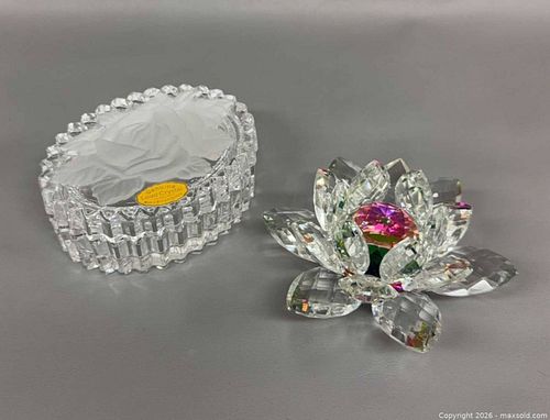 Vintage German Lead Crystal Trinket Box With Frosted Glass Rose Lid & Crystal Lotus Flower Figurine (1 of 6)