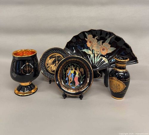 Vintage Greek Handmade (2) Ceramic Trinket Dishes & (1) Small Vase Decorated with 24K Gold, Vintage Japanese Hand Painted Ceramic Fan & More (1 of 9)