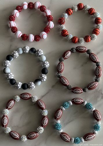 Sports Themed Football, Basketball, Baseball & Soccer Sparkle Beaded Bracelet Lot of 6  (1 of 5)
