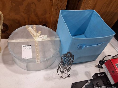 Light Blue Fabric Storage Cube, Round Mesh Hat Box & Wire Dress Form (1 of 3)