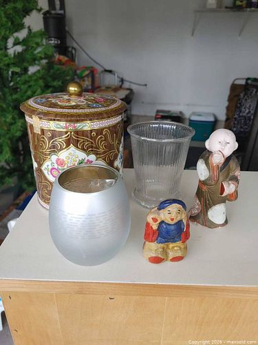 Mixed Decorative Lot: Tin, Clear Vase, Frosted Candle Holder, Figurines (1 of 4)