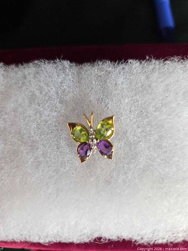 Gold-14 Butterfly Brooch with Peridot, Amethyst & Diamonds (1 of 5)