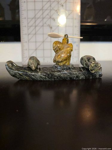 Inuit-Style Soapstone Kayak & Seal Carving, Signed (1 of 5)