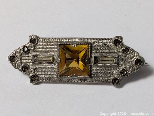 Antique Art Deco Silver Jeweled Brooch Pin  (1 of 14)