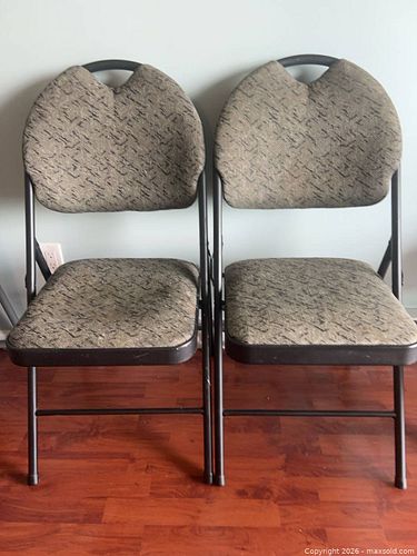 2 Beige/Tan Patterned Upholstered Folding Chairs — Black Metal Frame (1 of 7)