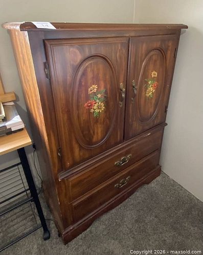 Dark Brown Wood-Veneer Armoire with Painted Floral Doors (1 of 7)