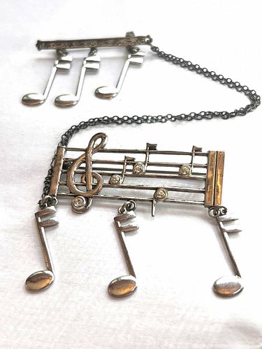 Vintage Sterling Silver Musical Chatelaine Brooch with Rhinestones & Dangling Notes (1 of 6)