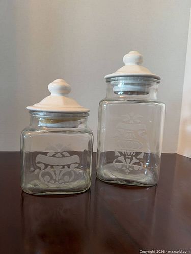 Set of 2 Glass & Ceramic Etched Damask Floral Kitchen Canisters (1 of 15)