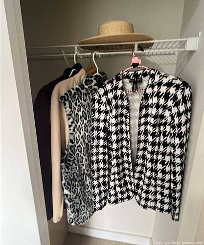 Frank Lyman Houndstooth Jacket; EZZE Wear Leopard Vest; Traditions Tan Jacket; GEORGE purple winter jacket and a C.C. Exclusive straw hat.  (1 of 19)