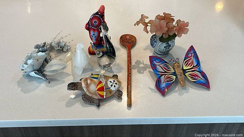 Vintage Swan glass figurine; Beaded Dolphin figurine; Turks & Caicos Turtle souvenir; Soapstone Seal figurine etc.  (1 of 18)