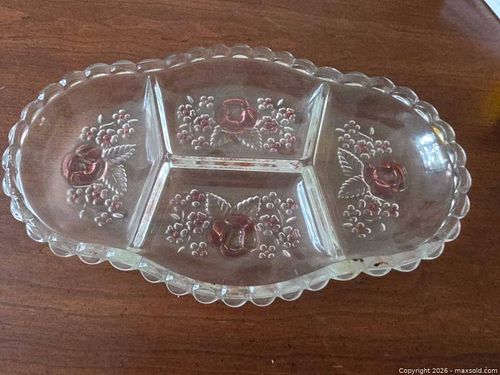 Clear Pink-Tint Glass 4-Compartment Serving Dish with Pressed Rose (1 of 5)