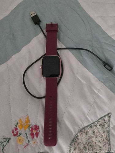 Unbranded Pink Smartwatch with Burgundy Silicone Band (1 of 3)