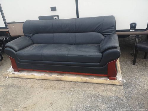 Black Faux Leather 3-Seater Sofa with Wood Trim (1 of 11)