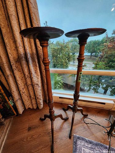 Wooden Pedestal Pair, Tufted Blue Ottoman & Ornate Brass Floor Stand (1 of 7)