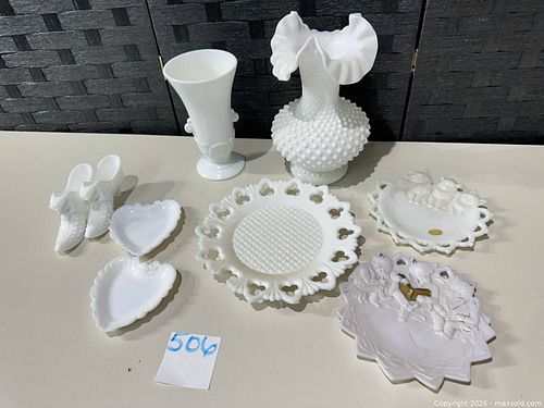 Vintage White Milk Glass Hobnail & Ruffled Vases with Dishes (1 of 10)