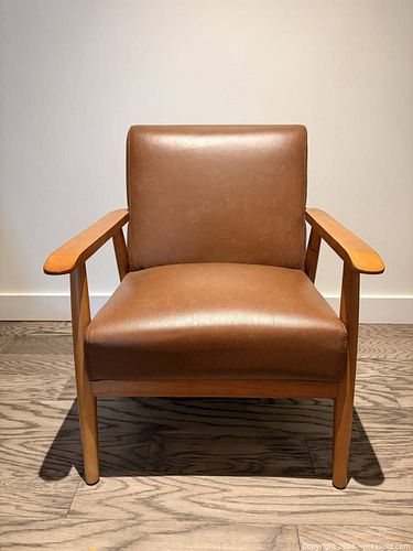 Mid-Century Modern Brown Faux Leather Armchair with Wooden Arms (1 of 4)