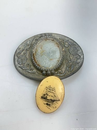 Vintage Nautical Victorian Metal Belt Buckle with Ivory-Look Center (1 of 3)