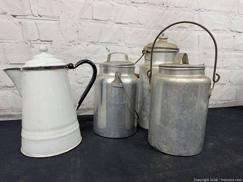 Lot of 4 Vintage Milk Cans and Enamel Coffee Pots (1 of 6)