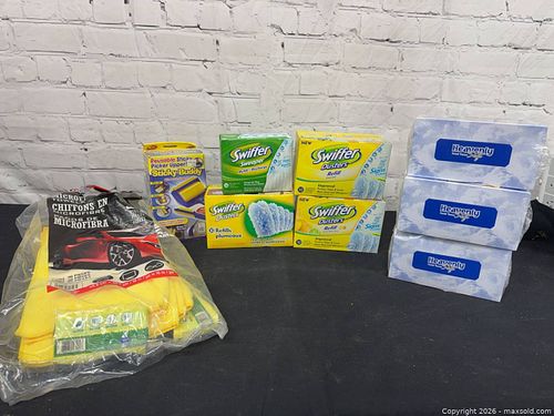 Mixed cleaning refills & supplies — Swiffer, Sticky Buddy, microfiber, tissues (1 of 6)
