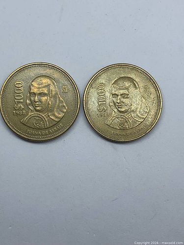 Pair of Mexico 1000 Pesos Coins 1988 & 1989 - Juana de Asbaje, Sor Juana Inés de la Cruz (1 of 5)