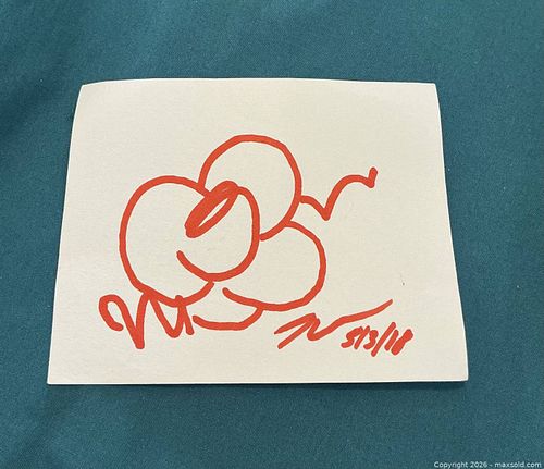Jeff Koons Signed and Dated Flower Drawing on Small Cut Card (1 of 3)