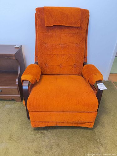 MCM Vintage Orange Corduroy Recliner Chair with Wooden Arms B (1 of 10)