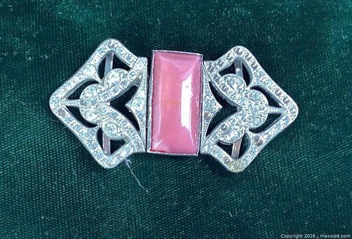 Vintage Art Deco pink coral Glass Belt Buckle  1930s Rhinestone Dress Buckle, Silver Tone (1 of 5)