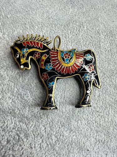 Cloisonné Enamel Brass Pendant, Black Red Blue, Under 2 in (1 of 4)