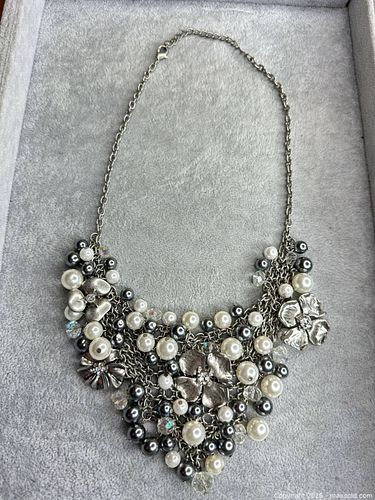 Silver-Tone Statement Bib Necklace with Faux Pearls & Rhinestones (1 of 5)