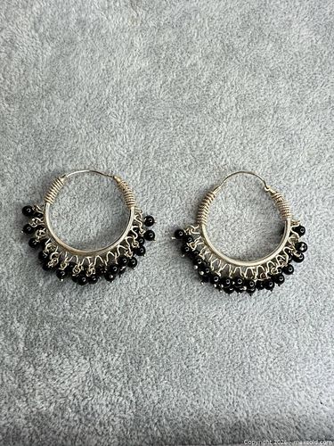 Sterling Silver Black & Silver Hoop Dangle Earrings, Pair (1 of 5)