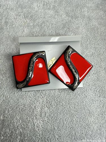 Vintage Retro Red & Black Gold Glitter Enamel Earrings, Pair (1 of 3)