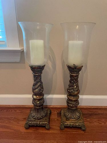 Ornate Antique Gold Resin and Glass Hurricane Candle Holders, Pair (1 of 7)