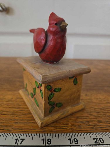 Hand-painted wooden lidded box featuring a carved red cardinal figurine  (1 of 6)