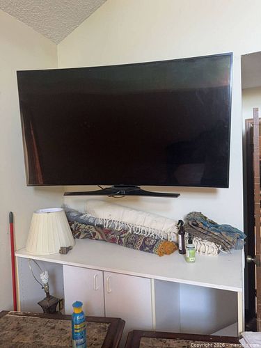 56–65 in Wall-Mounted TV, White Laminate Media Console & Textiles (1 of 4)