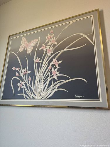 Large Framed Botanical & Butterfly Wall Art, Gold Metal (1 of 4)