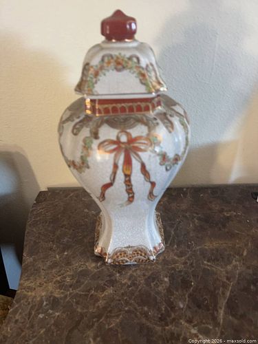 Porcelain Ginger Jar with Lid, Floral Ribbon Motif (1 of 3)
