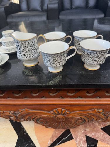Vintage Porcelain Teacups & Creamer, White with Black Floral & Gold (1 of 5)