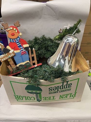 Holiday Decorations Lot: Wooden Reindeer Sign, Bell & Garland (1 of 3)