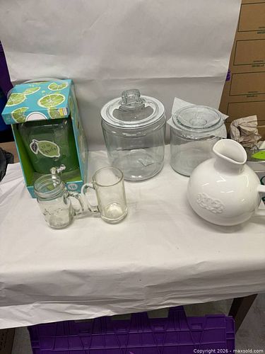 Mixed Glass & Ceramic Beverage Set: Dispenser, Jars, Mugs, Pitcher (4-6) (1 of 3)