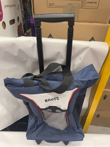 Roots Blue Fabric Rolling Tote with Red Trim, Telescoping Handle (1 of 7)