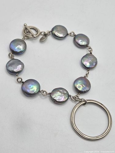 Sterling Silver Artisan & Peacock Freshwater Coin Pearl Toggle Bracelet - Stamped 925 (1 of 9)