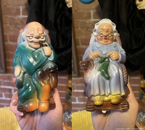 LOT - Vintage Grandma and Grandpa Rocking Chair Coin Bank Set Retirement Fund Vinyl Bank Honk Kong 1960 (1 of 12)
