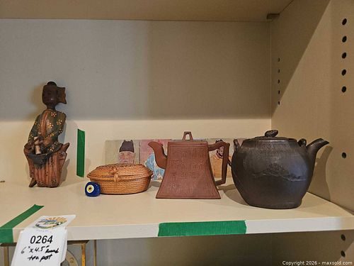 Mixed Chinese Teapots, Carved Figurine, Wicker Basket & Coasters (1 of 6)