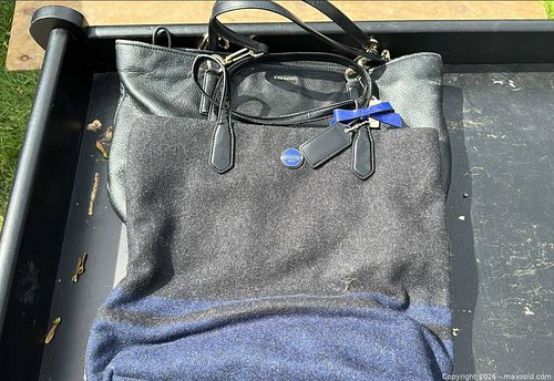 Authentic Coach Handbags - Large Leather and Wool Tote, Black/Navy Lot of 2 (1 of 8)