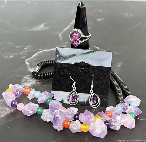 Mixed Sterling Silver & Natural Gemstone Semi-Precious Jewelry Set with Amethyst - Adjustable Ring  (1 of 10)